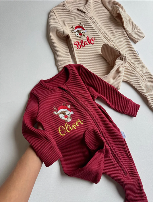 Christmas Baby Reindeer Zip Sleepsuit Personalised Baby Gift